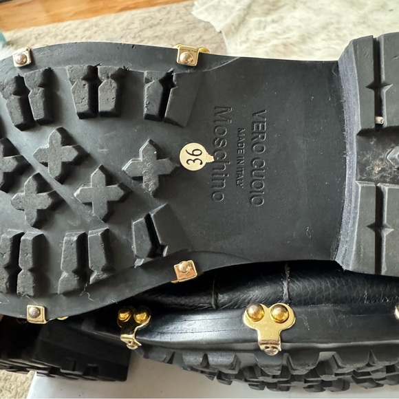 Moschino Black Leather Ankle Boots with Gold Accents - Picture 5 of 5